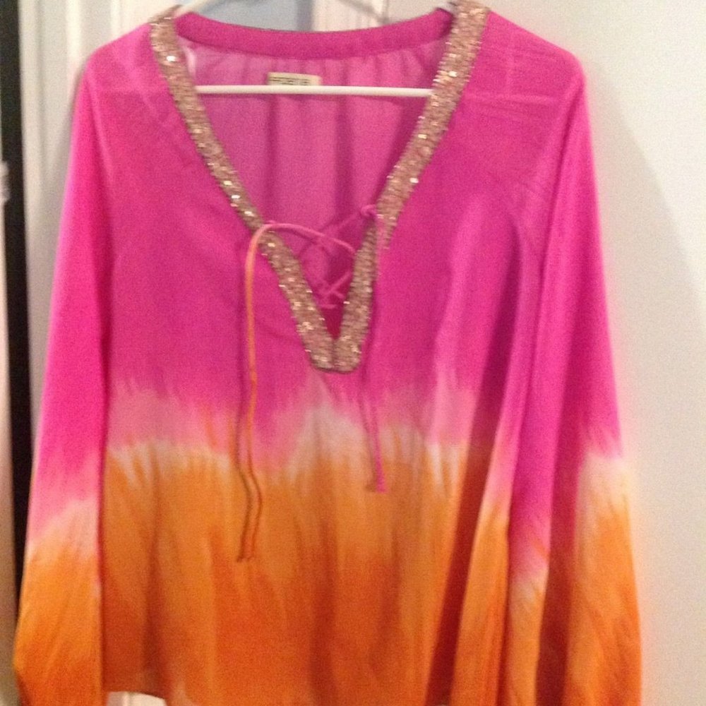 ARDEN B PINK ORANGE SEQUIN CHIFFON TOP S